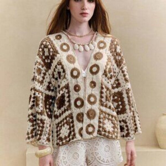 Coffee Brown Casual Women's Geometric Crochet Dolman Sleeve Cardigan - Picture 5 of 7